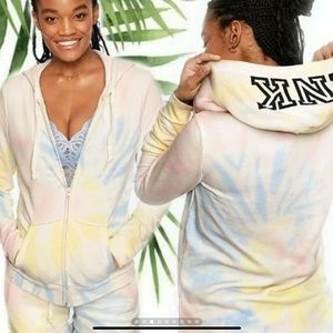 VS PINK TIE DYE EVERYDAY LOUNGE ZIP-UP HOODIE/BOYFRIEND SHORTS